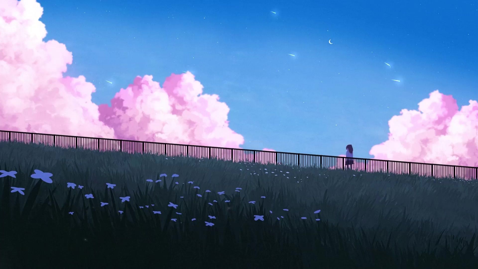 A man standing on the edge of an overpass looking at pink clouds - Pink anime