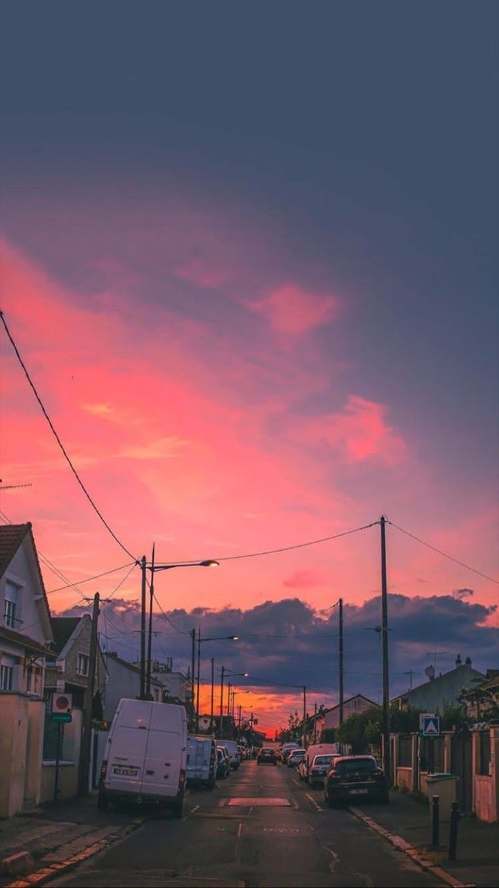 A beautiful sunset over a quiet street in a residential area - Calming