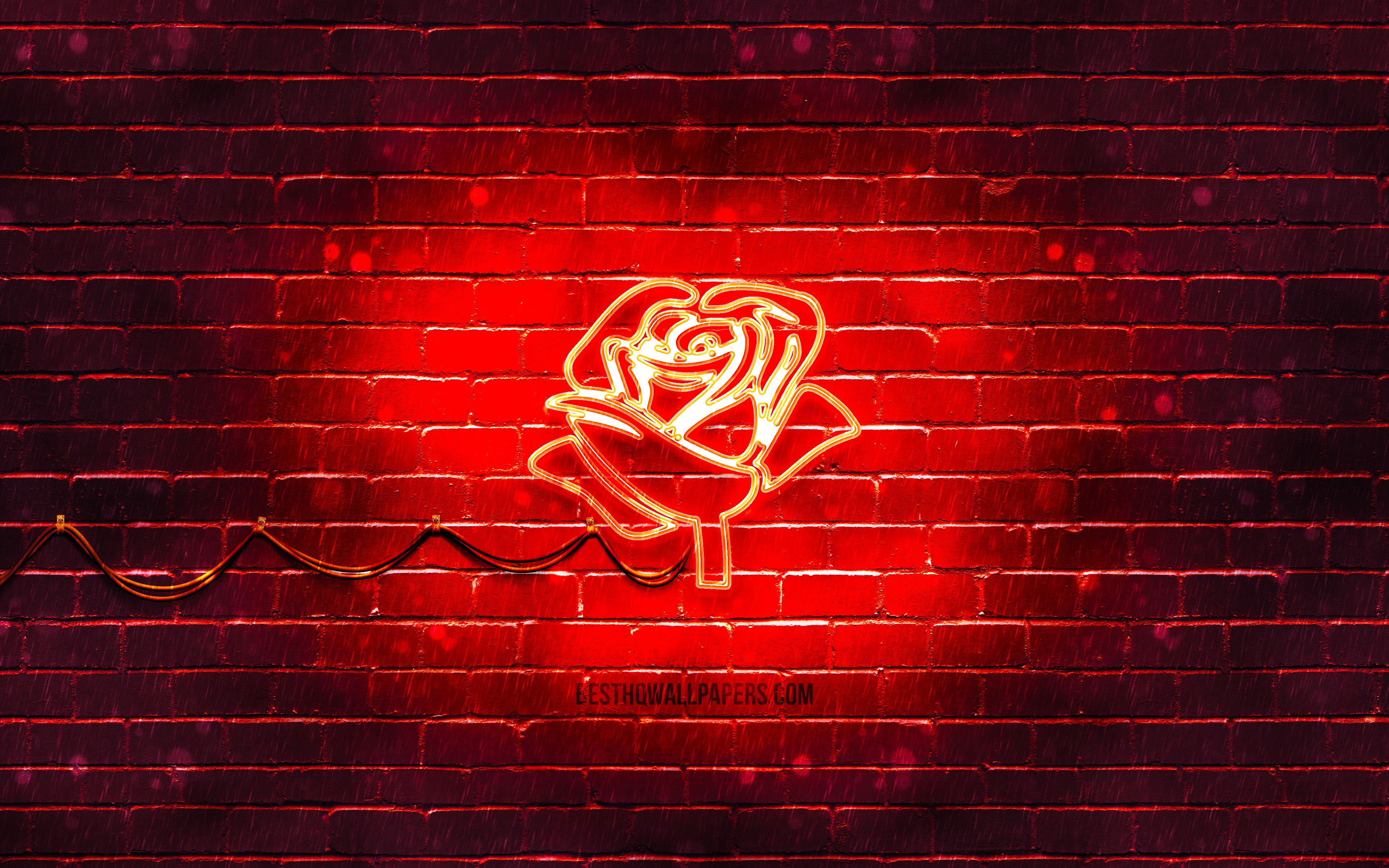 Red rose neon sign on a brick wall wallpaper - Neon red