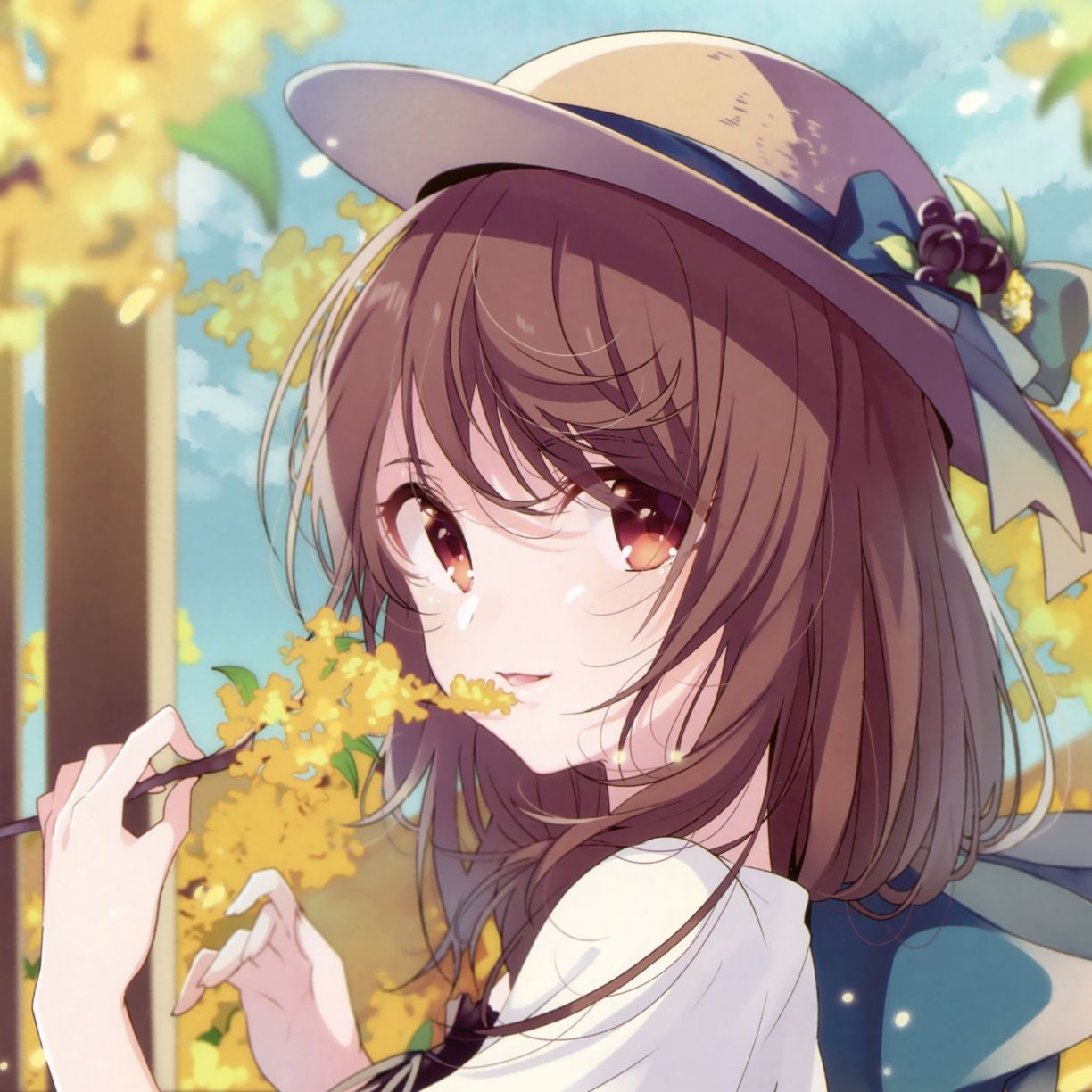 Anime girl with brown hair and a hat holding flowers - Anime girl