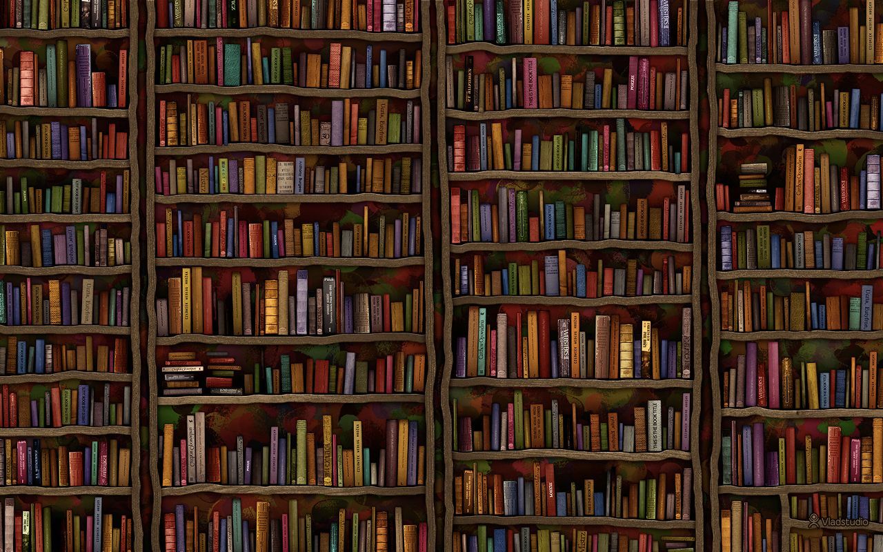 A digital painting of a bookshelf filled with books. - Library