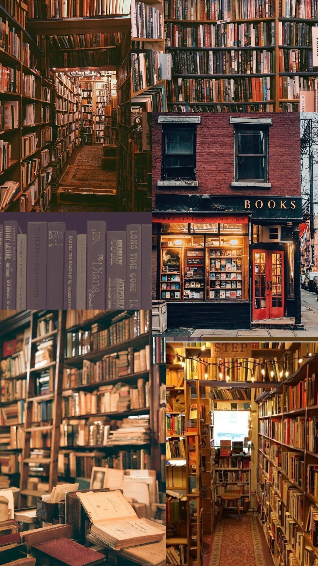 A collage of four photos of book stores and bookshelves - Library