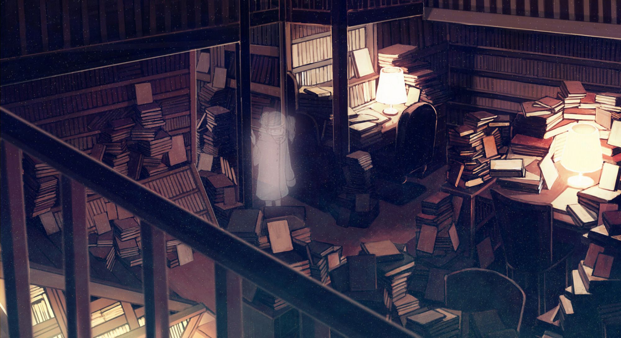 A ghostly figure standing in a dark library surrounded by books - Library