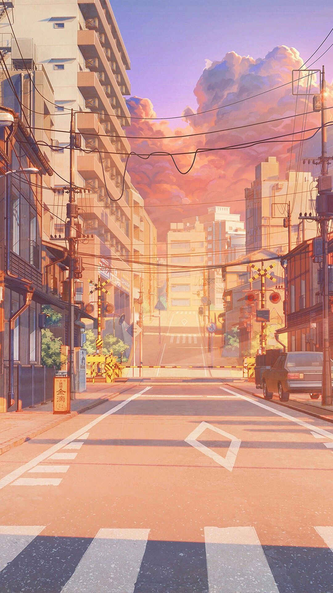 A street with buildings and cars on it - Anime sunset, anime, anime city, calming, Japan, anime landscape, phone, road, HD
