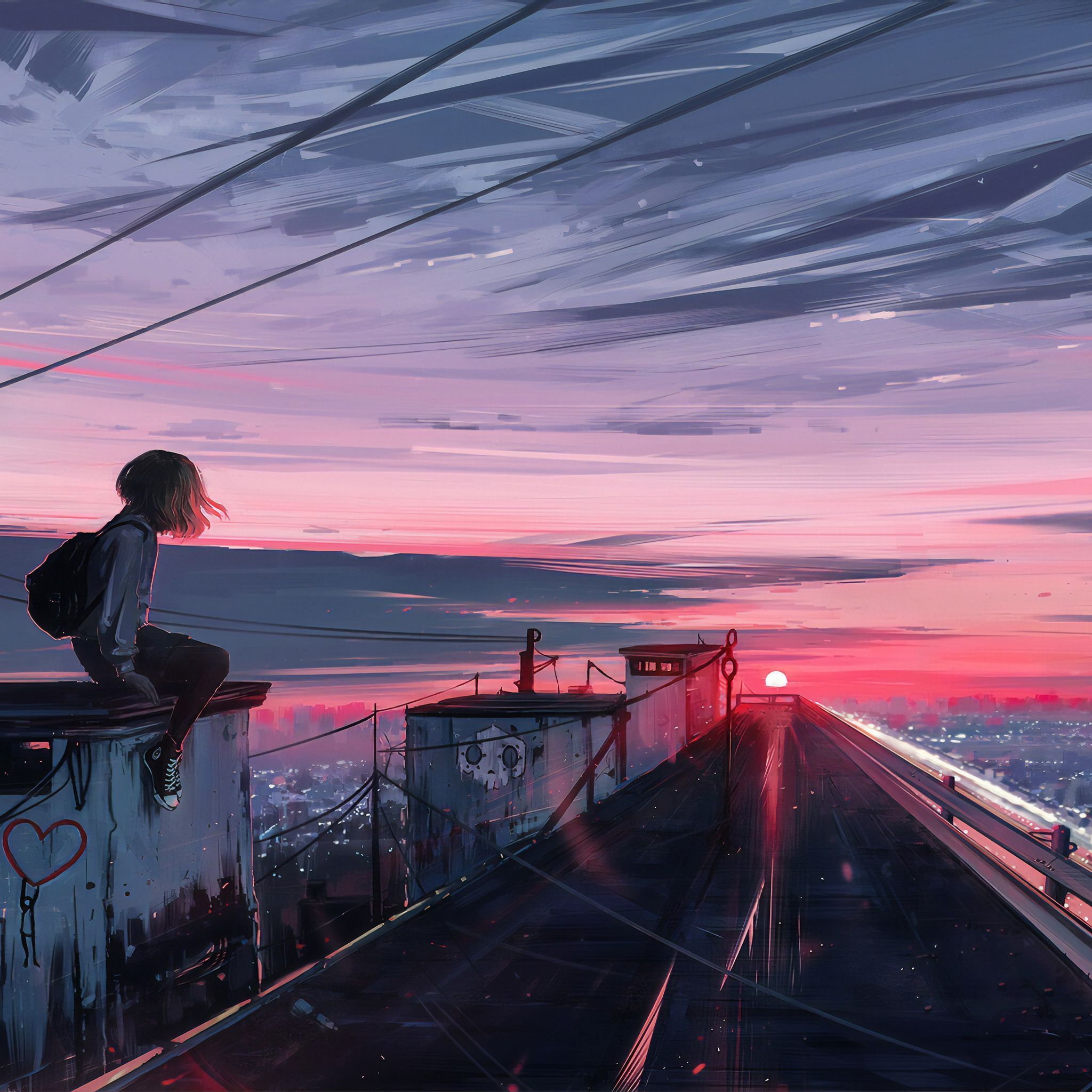 Aesthetic anime girl sitting on the edge of the roof watching the sunset - Anime sunset