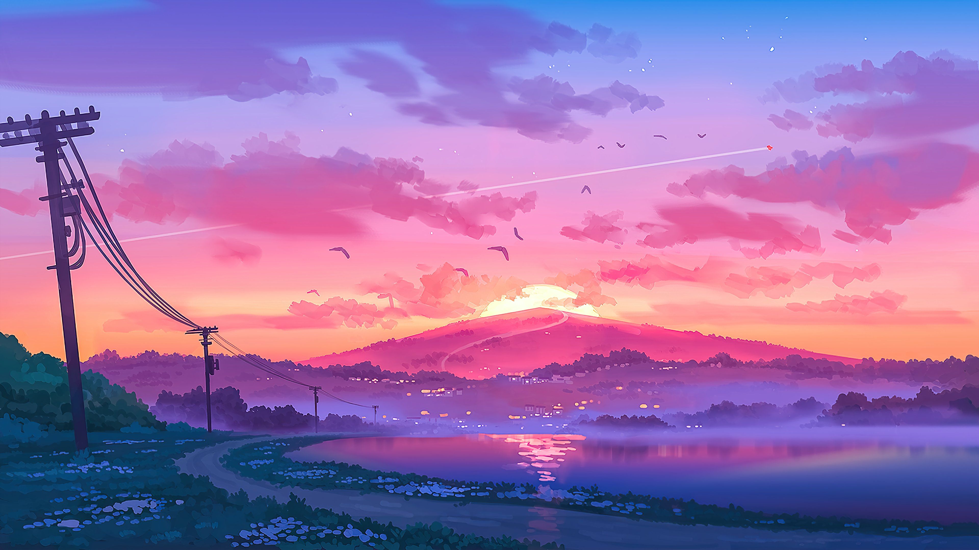 A painting of the sun setting over water - Anime sunset, landscape