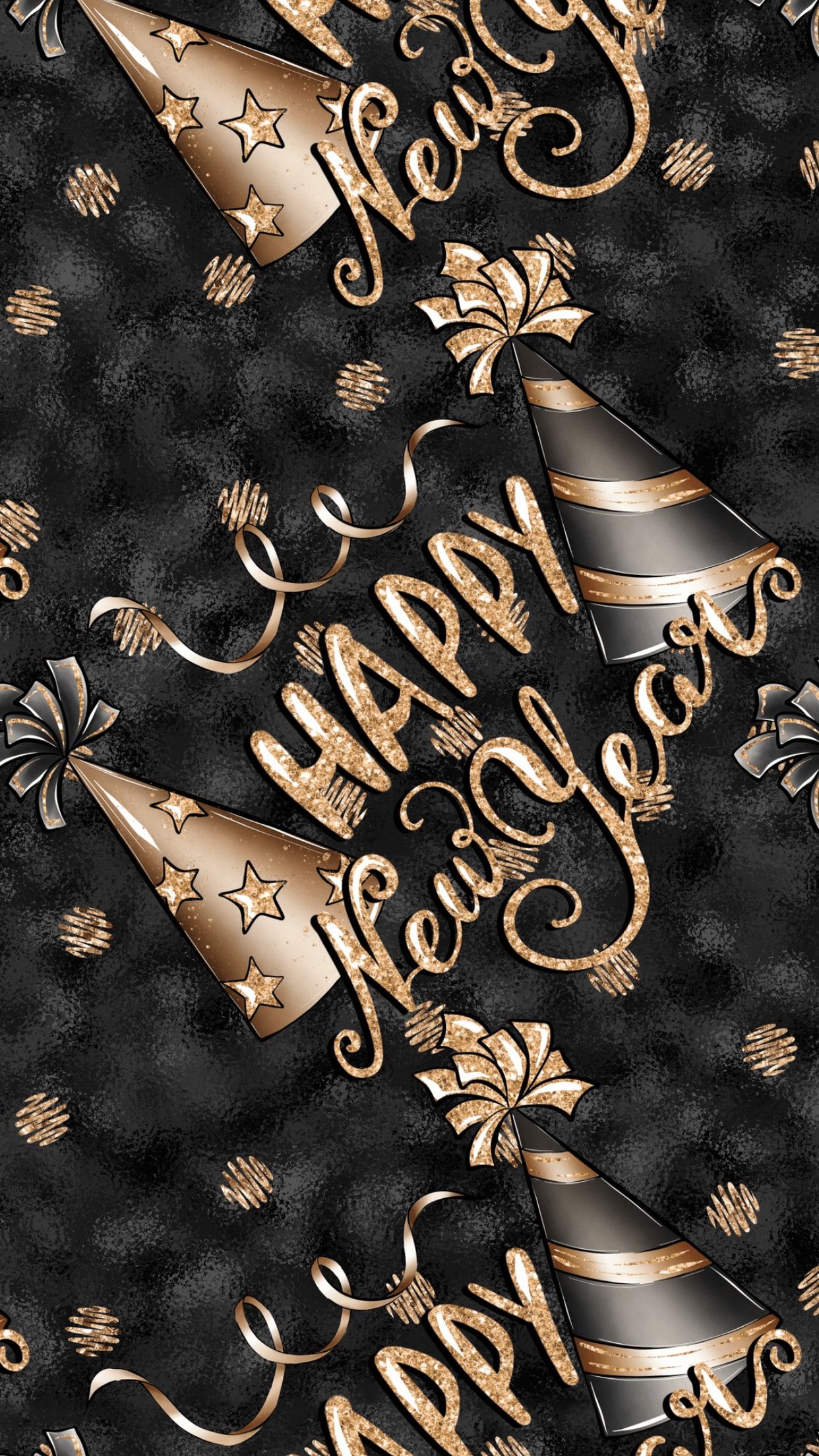 A black and gold Happy New Year wallpaper with party hats and streamers - New Year