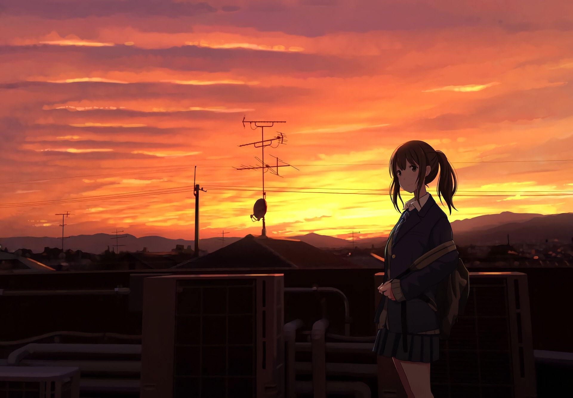 Anime girl sunset in the background - Anime sunset