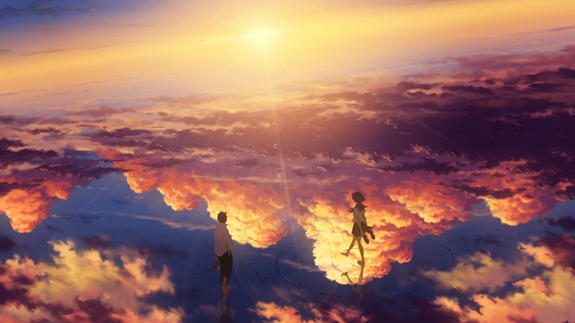 A couple of people walking on clouds - Anime sunset