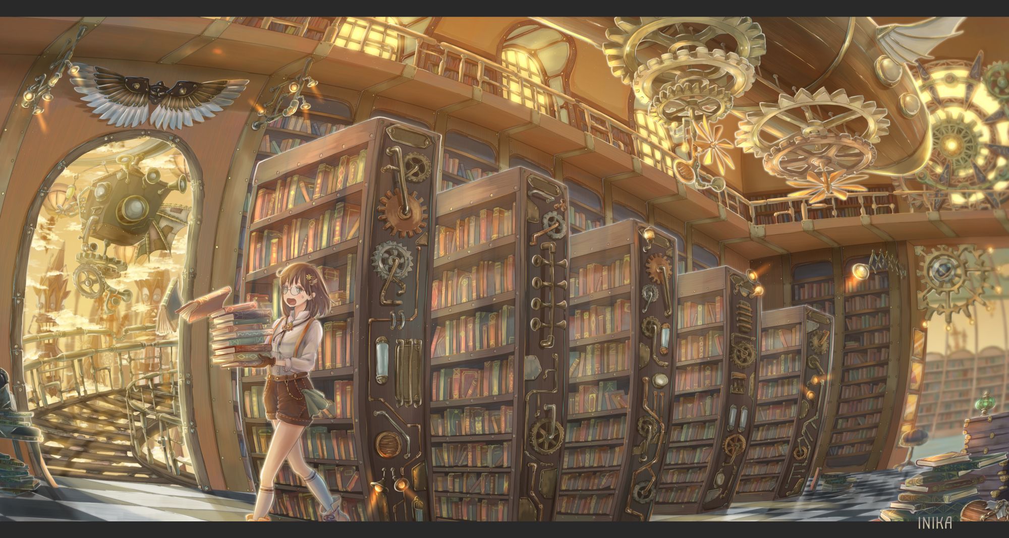 A steampunk style library with a girl walking in it - Library