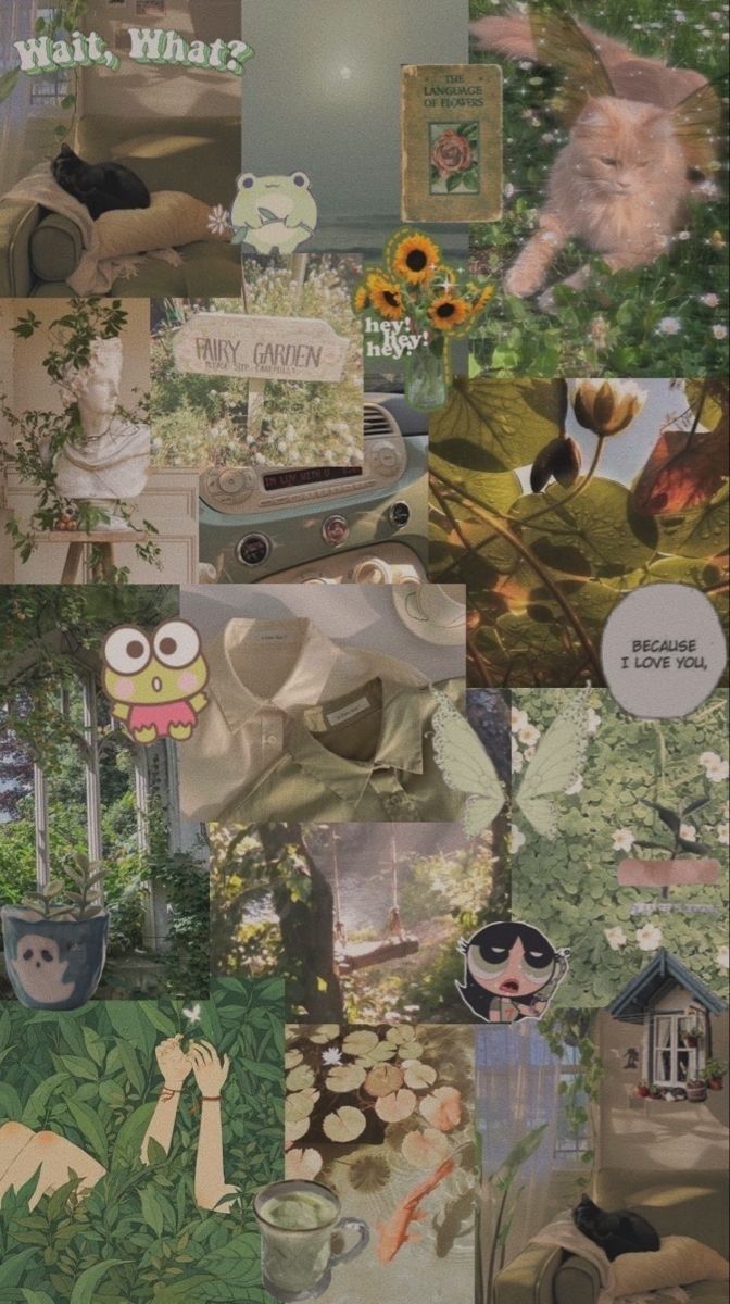 A collage of pictures including a living room, a garden, a cat, and a cupcake - Cottagecore
