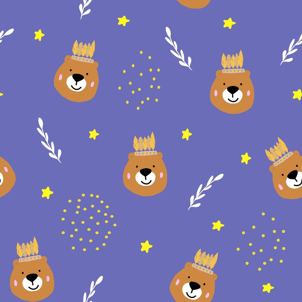 Cute seamless pattern with wild brown bear and simple abstract elements on violet background, kids print with teddy for fabric, textile, bedding, illustration for wallpaper, baby shower, nursery design