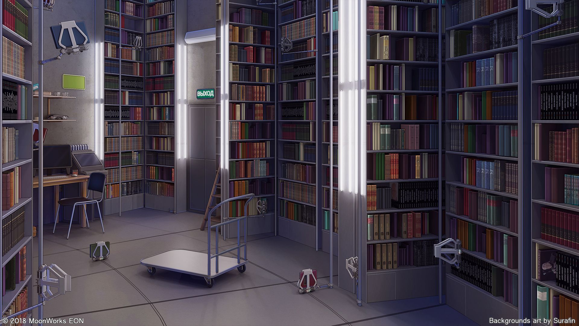 A digital library with bookshelves and shelves of books - Library