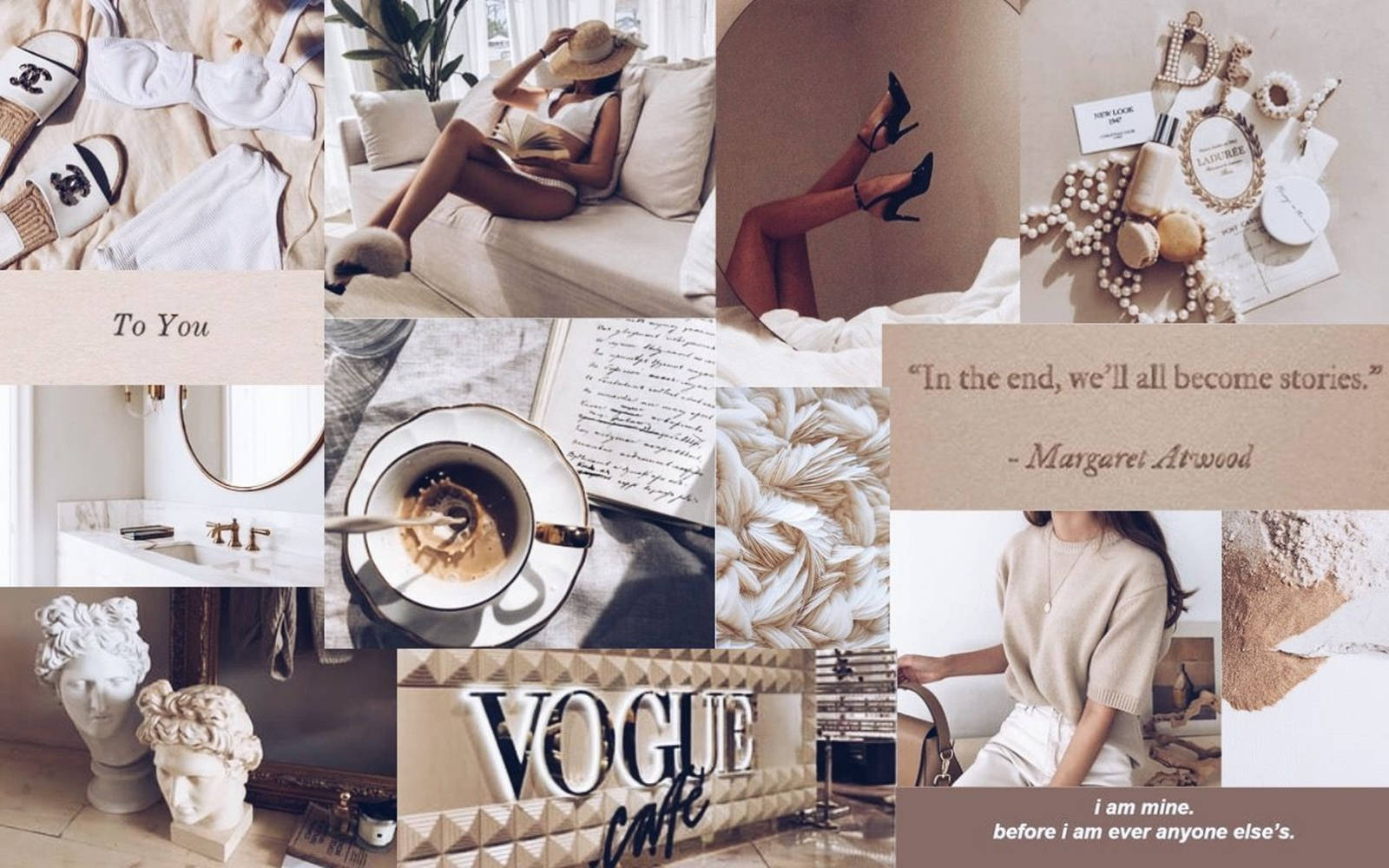 A collage of images including a woman lounging, a cup of coffee, a handbag, a potted plant, and a quote from Margot St. James. - Vogue, Dior, Chanel, beige, fashion
