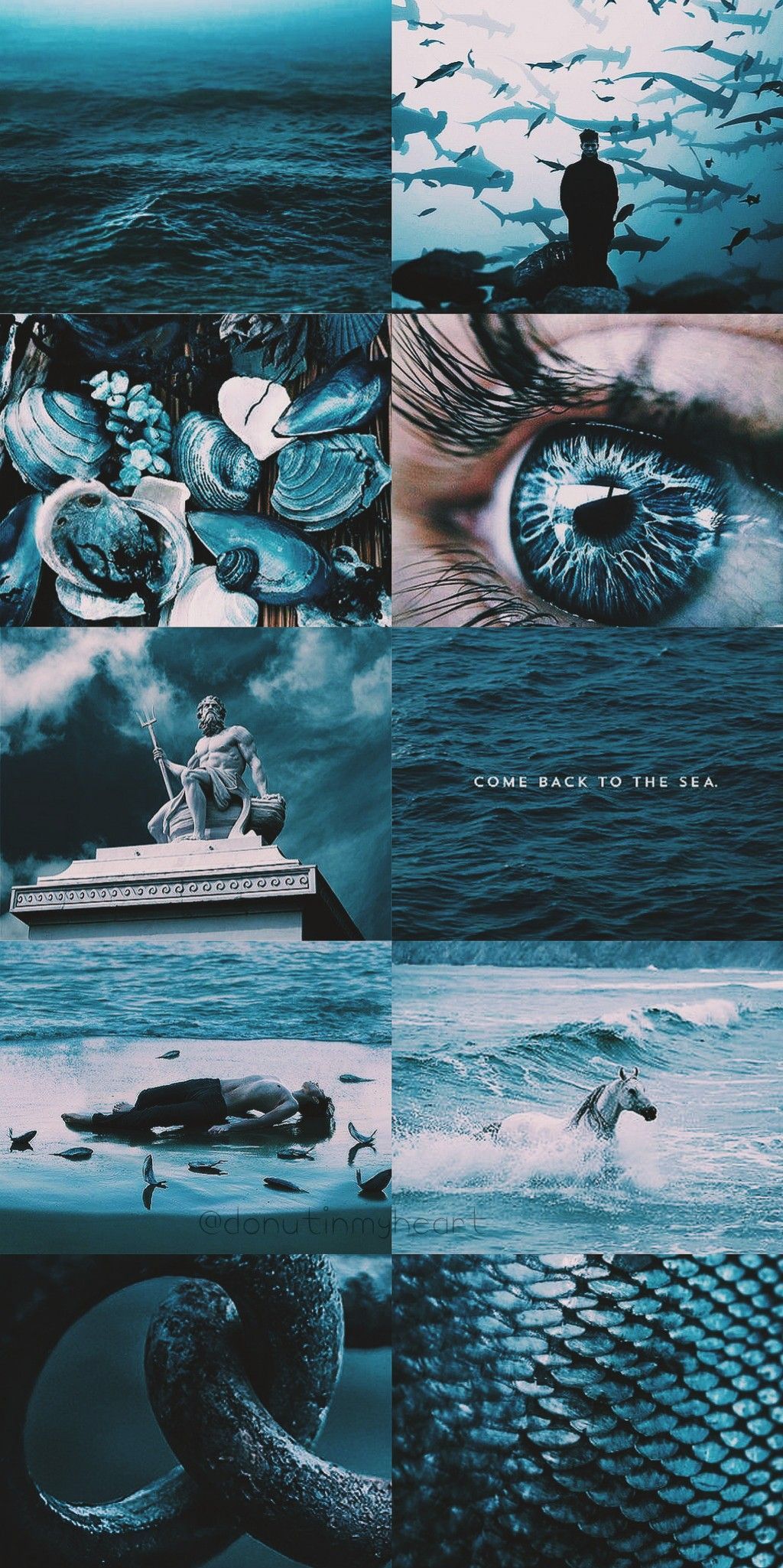 A collage of pictures with blue water and people - Greek mythology