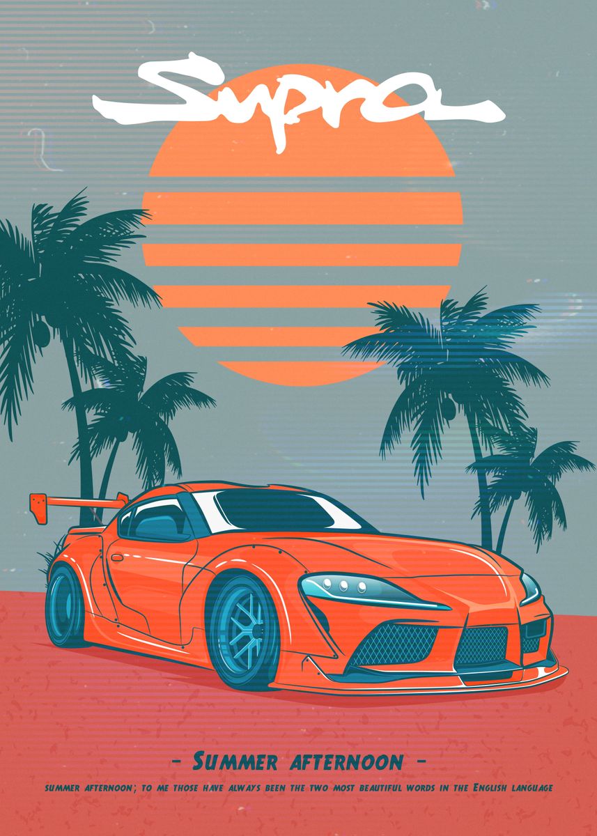 An illustration of a Supra in front of a palm tree sunset - JDM