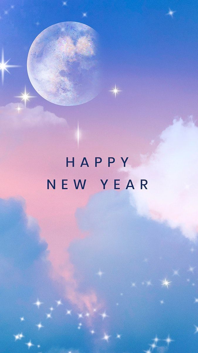 A phone wallpaper with a blue and pink sky, white clouds, stars, and a half moon. - New Year