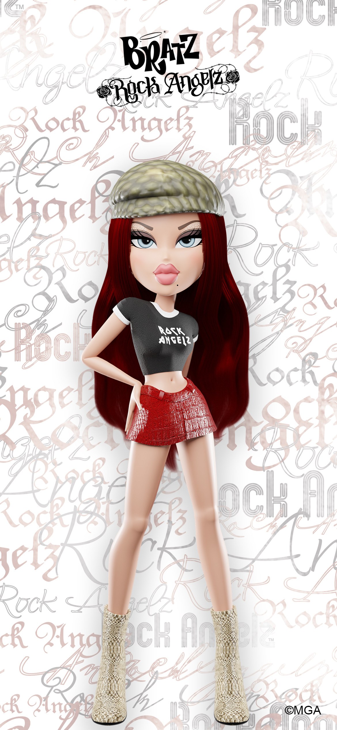 The Rock Angelz doll is wearing a black crop top, red skirt, gold boots and a camo green hat. - Bratz