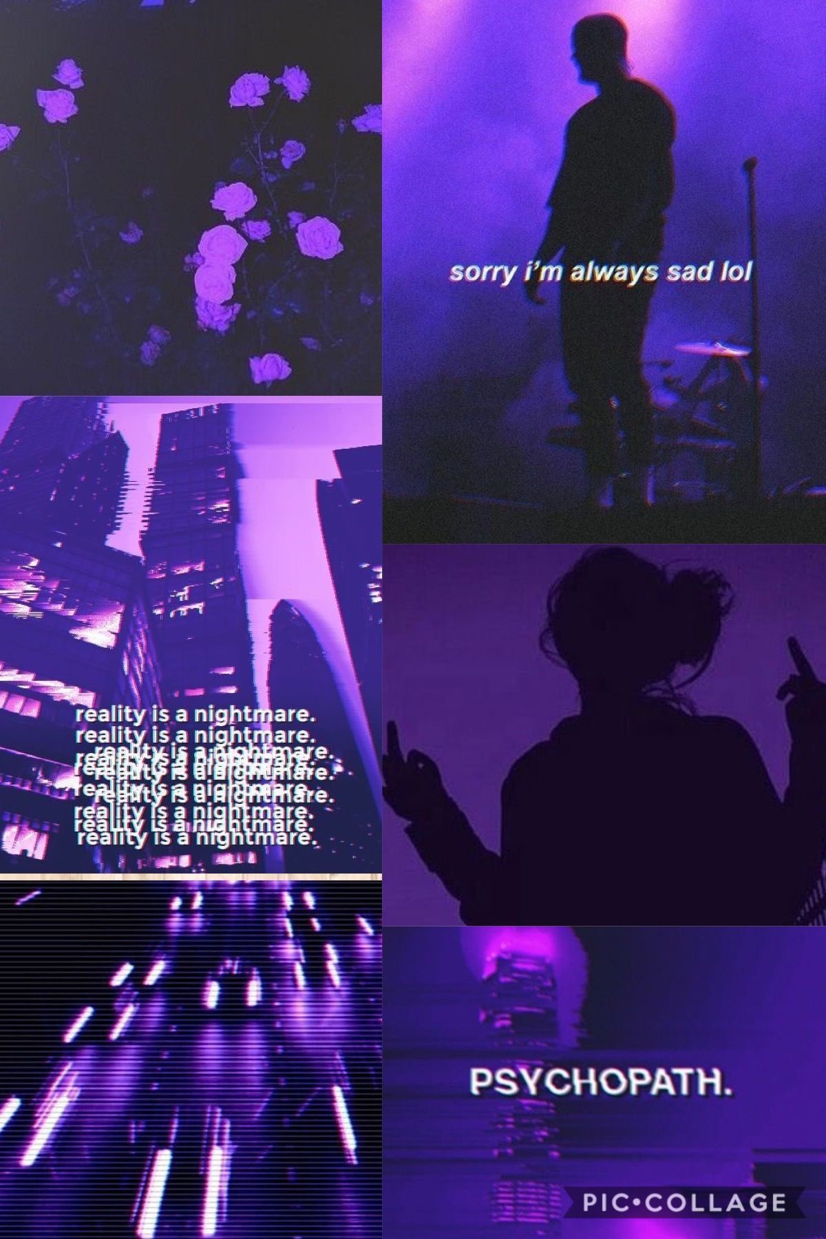 A collage of purple pictures with the words psychopath - Depressing