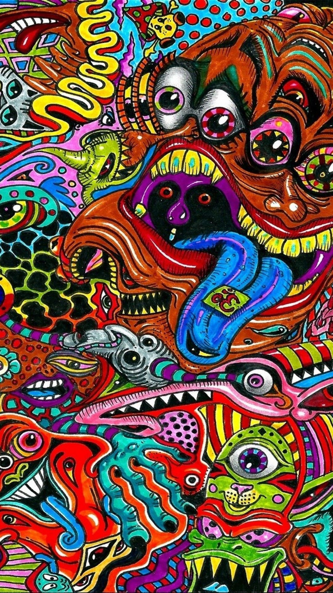 A psychedelic painting of many different colored monsters - Trippy