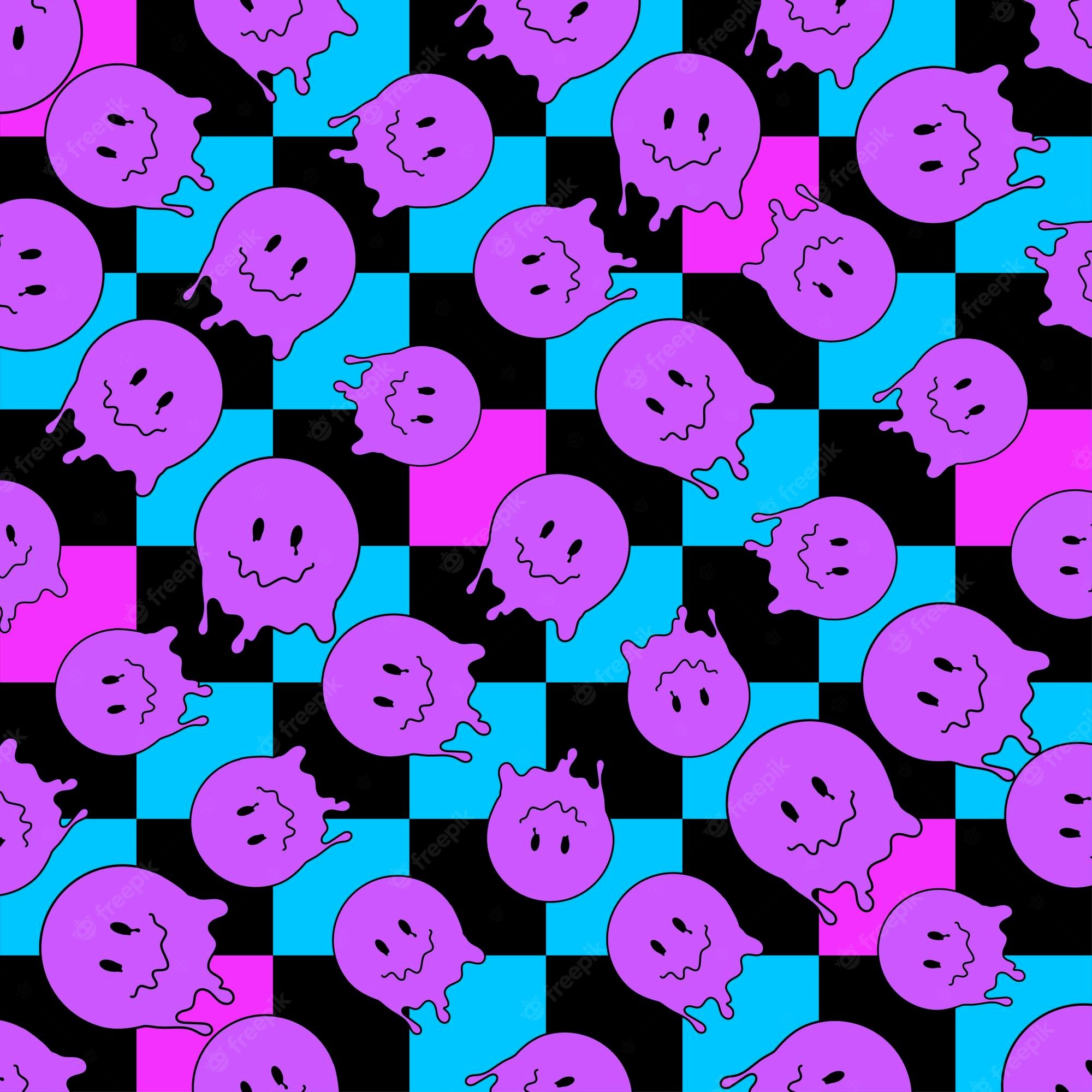 A pattern of purple and blue ghost on black checkered background - Trippy