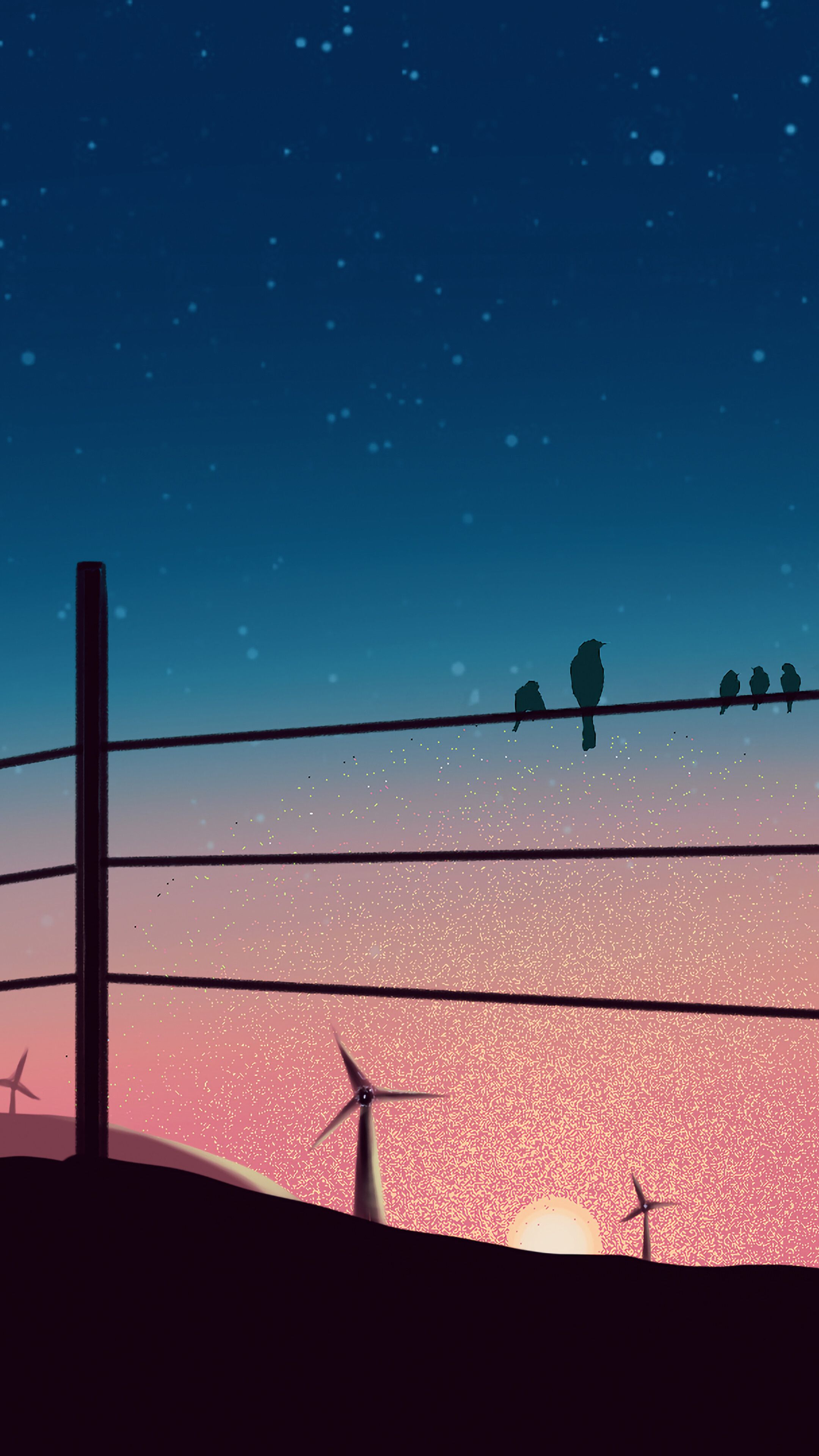 A fence with birds on it at sunset - Sunrise