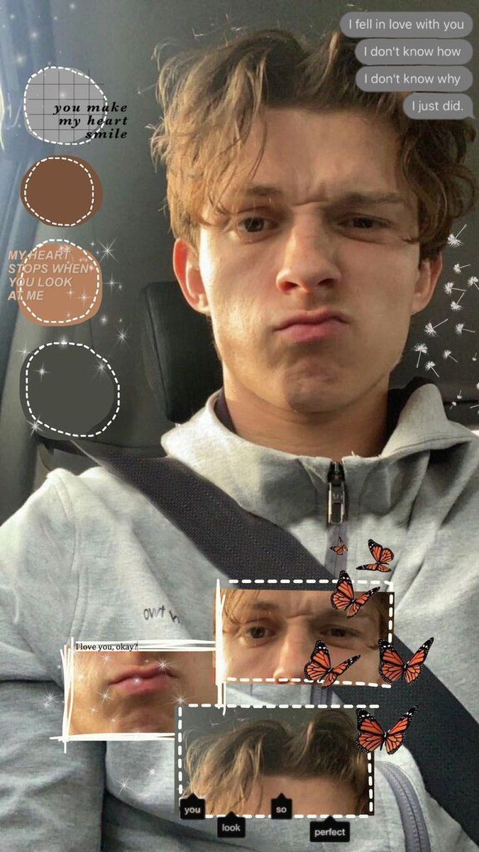 A man sitting in the car with his face on it - Tom Holland