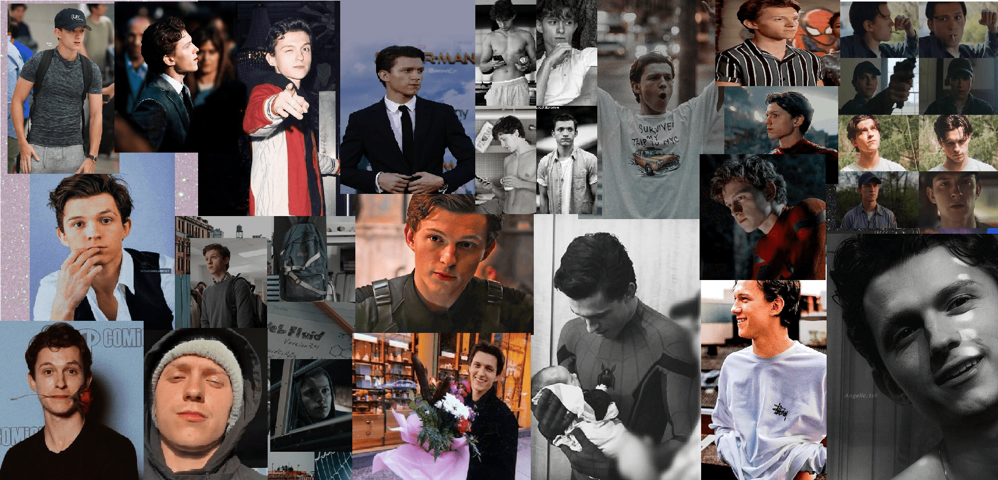 A collage of Tom Holland photos including him in a suit, him with his dog, him in a hoodie, and him with his friends. - Tom Holland
