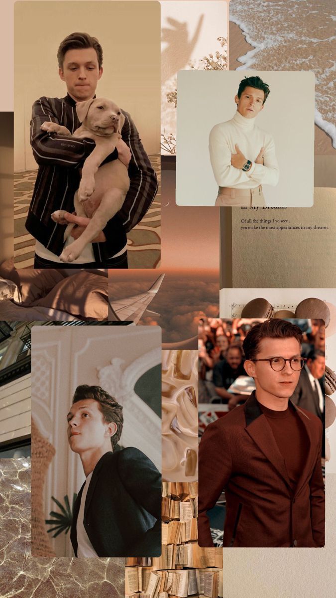 Collage of Tom Holland in various outfits and poses, as well as a picture of him with his dog. - Tom Holland