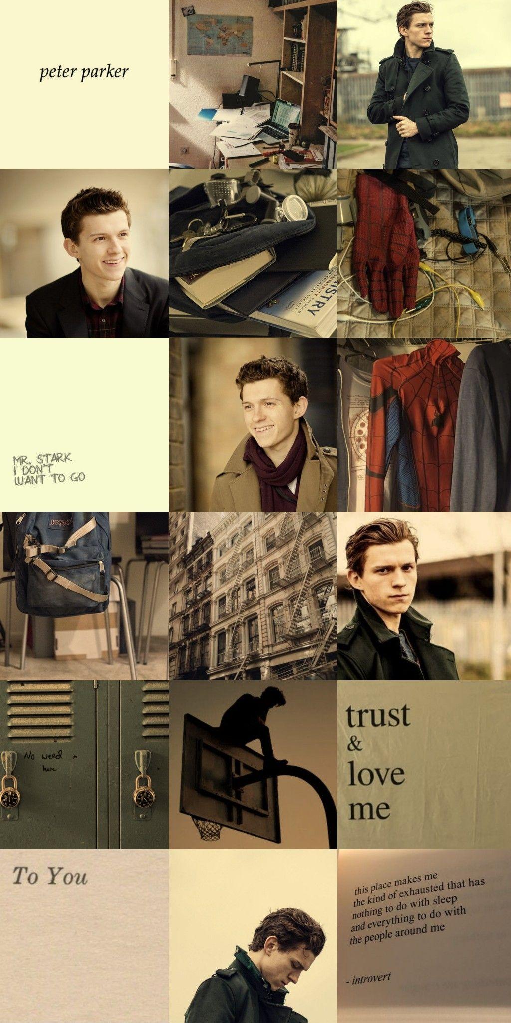 Tom Holland as Peter Parker in Spider-Man: Homecoming. A collage of images of Tom as Peter Parker, a scene from the movie, and a quote from the movie. - Tom Holland