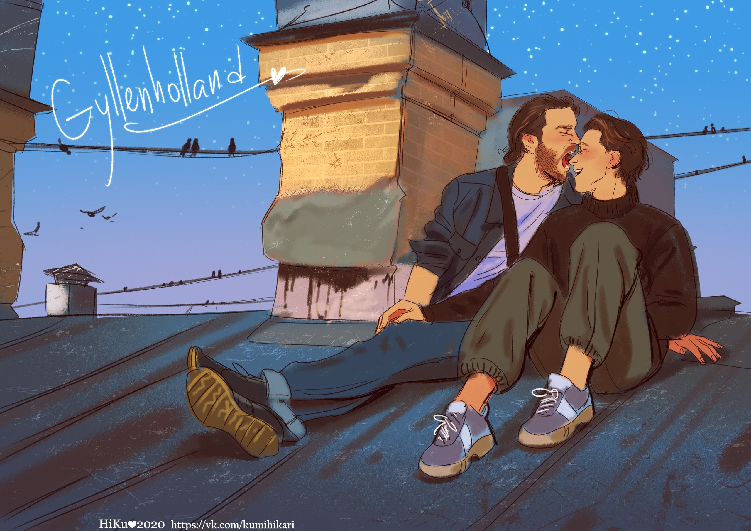 A digital illustration of a man and a woman sitting on a rooftop, kissing. They are wearing blue and grey converse shoes. - Tom Holland