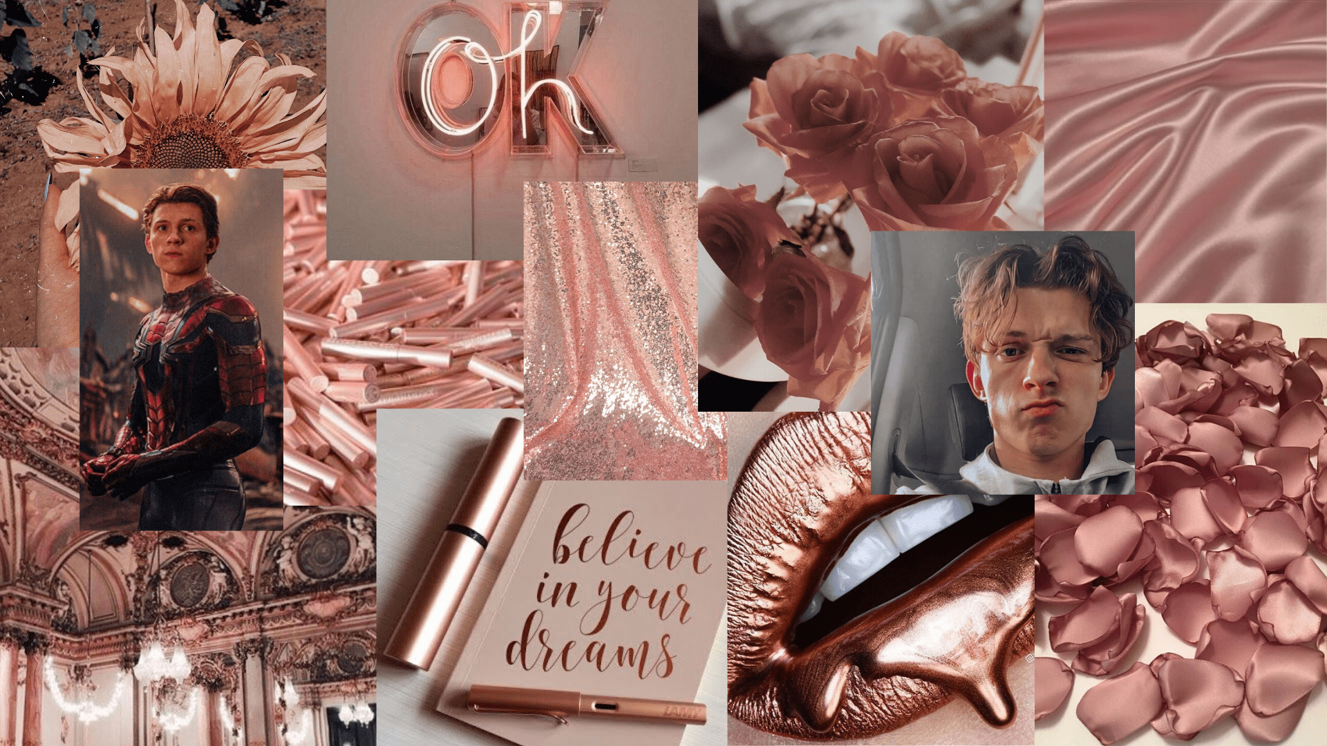 Collage of Tom Holland, rose gold aesthetic, and a note that says 