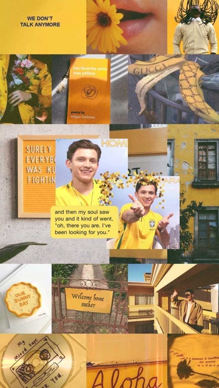 A collage of pictures with yellow backgrounds - Tom Holland
