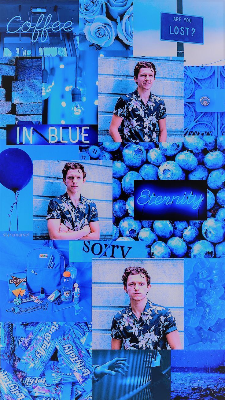 A collage of pictures with blue backgrounds - Tom Holland
