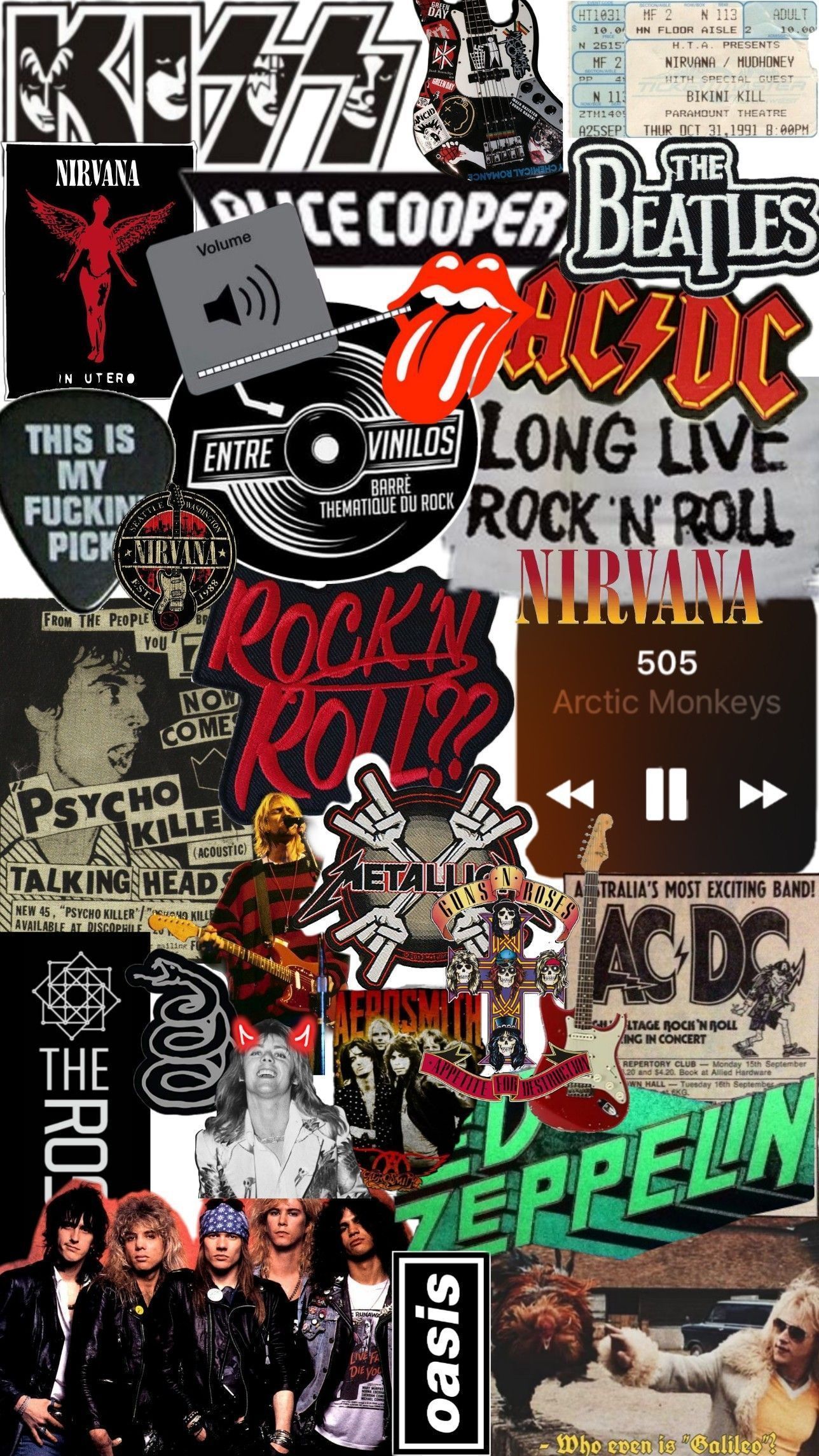 A collage of band logos including Nirvana, Beatles, Arctic Monkeys, and The Rolling Stones. - Punk, rock, Nirvana