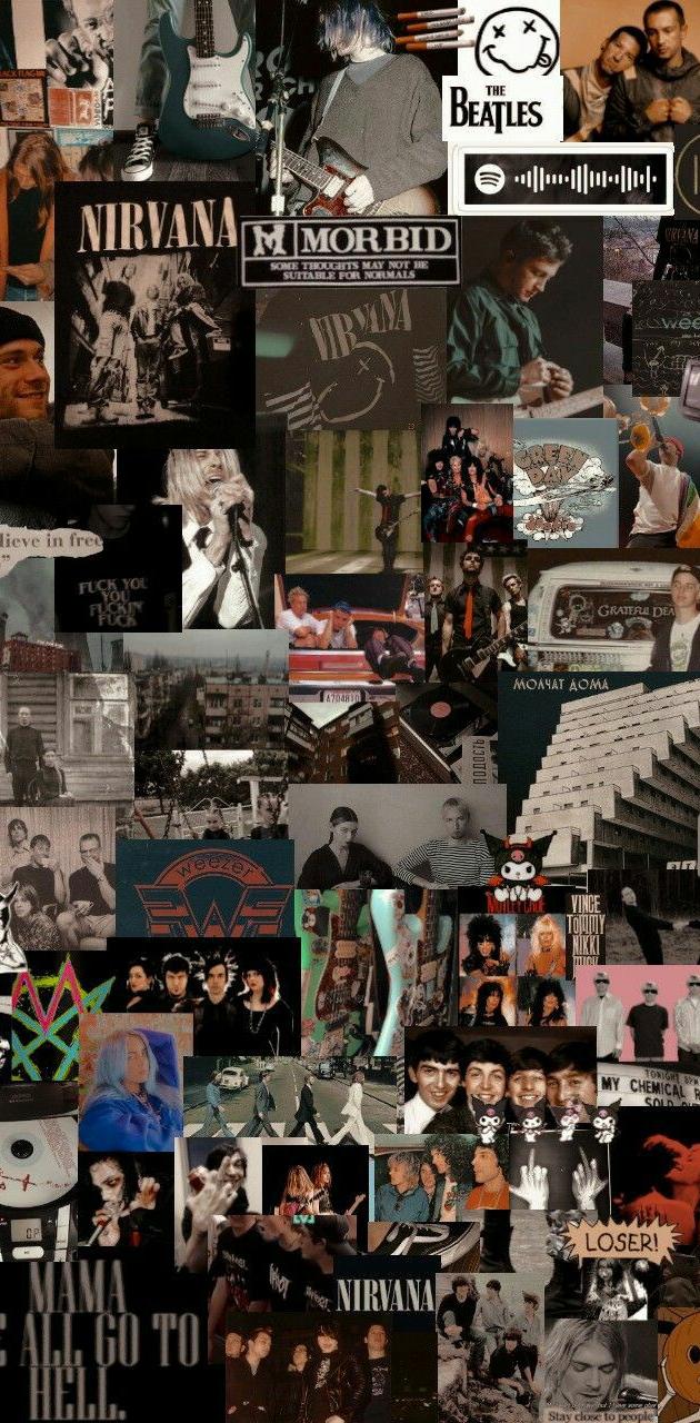 A collage of pictures and music posters - Rock, Nirvana