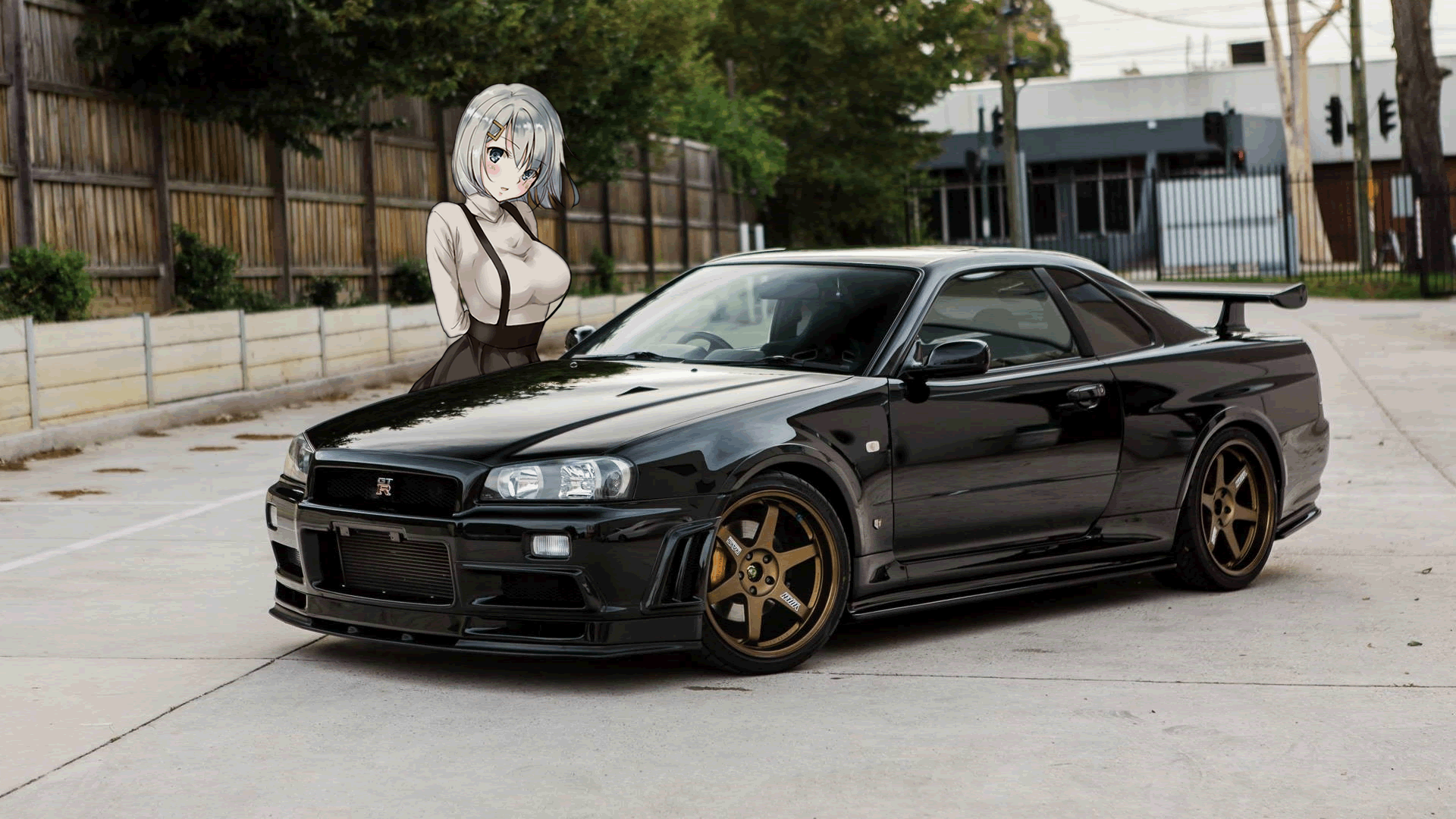 Black nissan skyline gtr r34 with a anime girl standing behind it - JDM