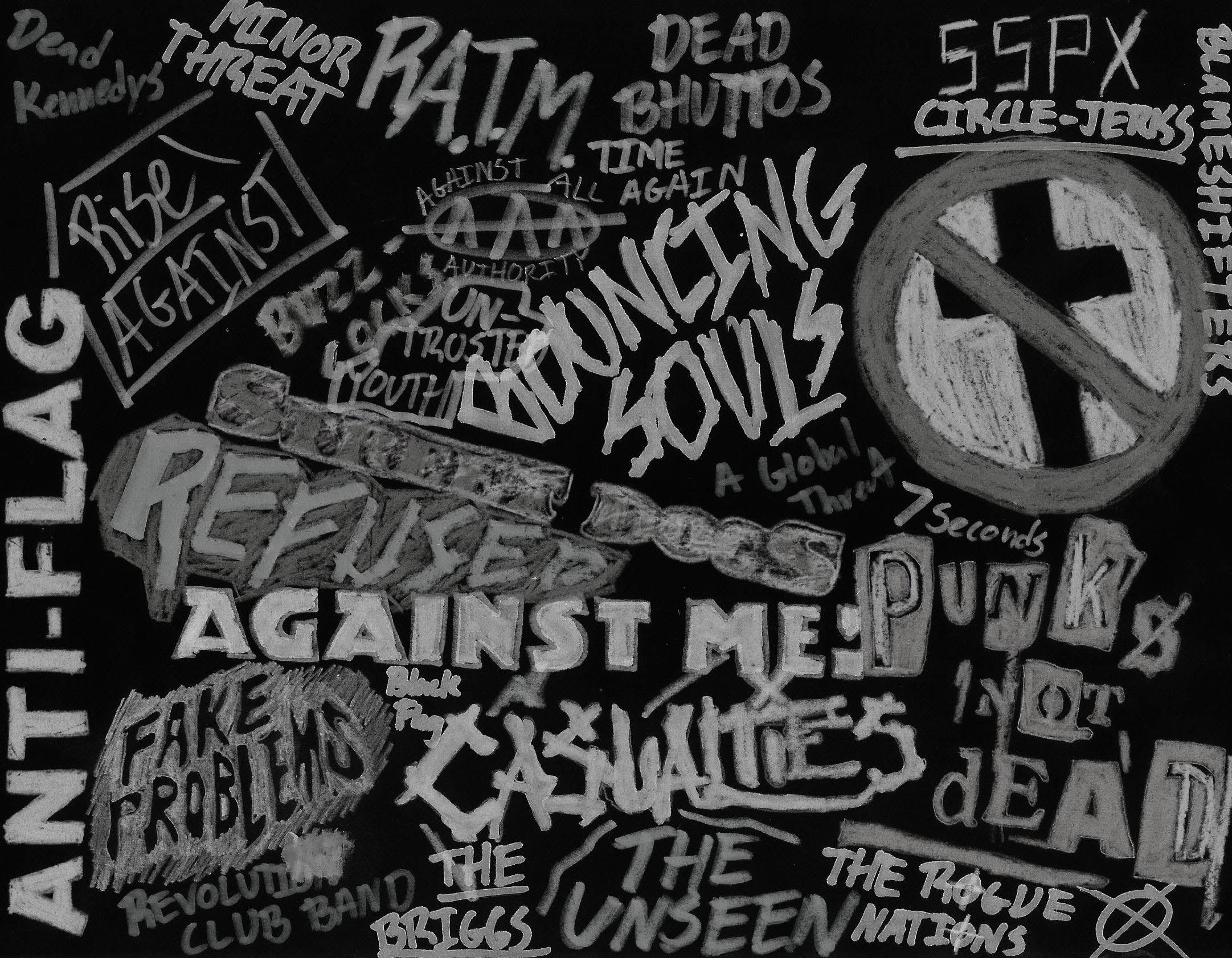 A black and white collage of band names and symbols - Punk