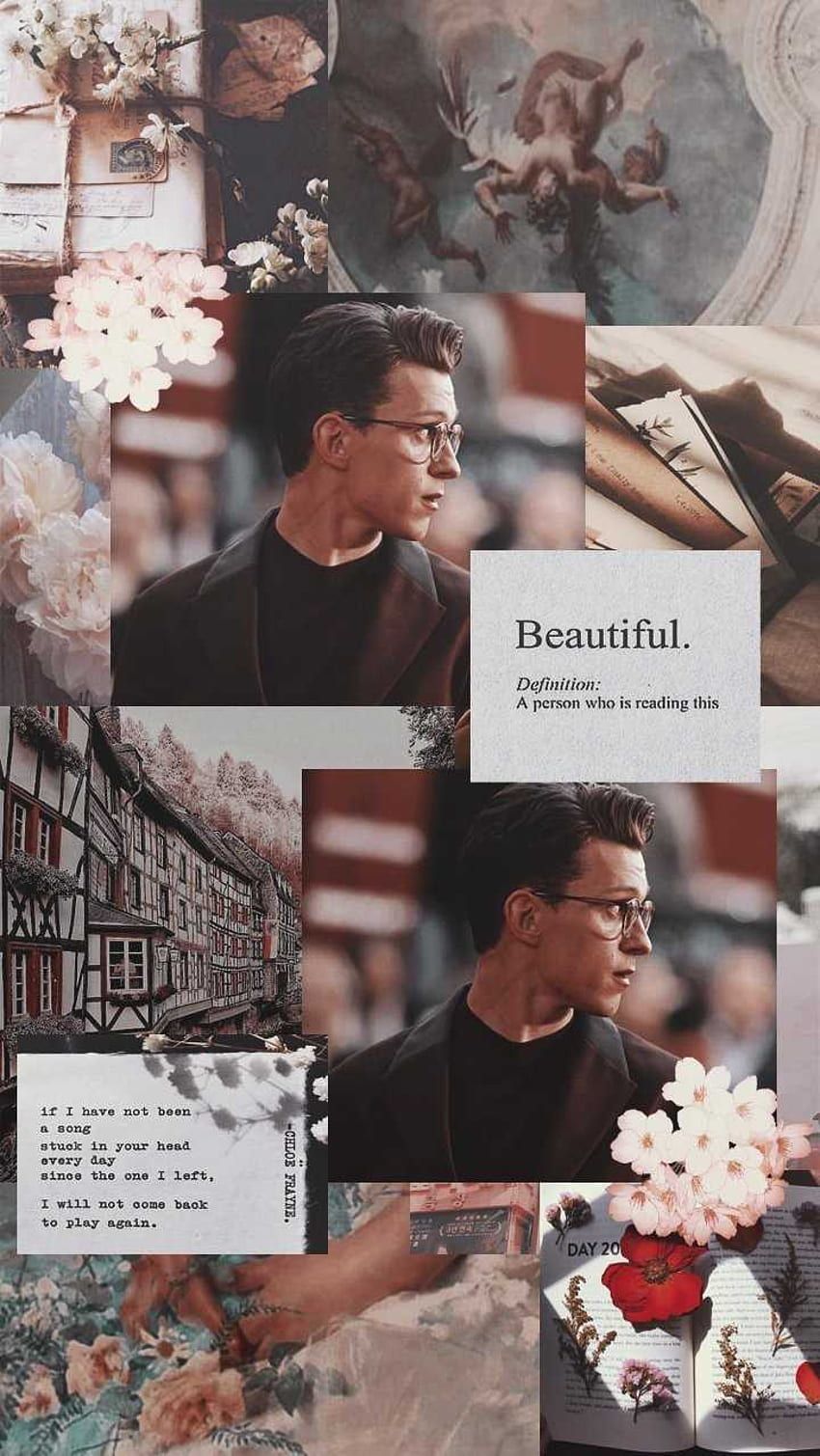 Tom holland aesthetic, collage with tom holland, flowers and books - Tom Holland