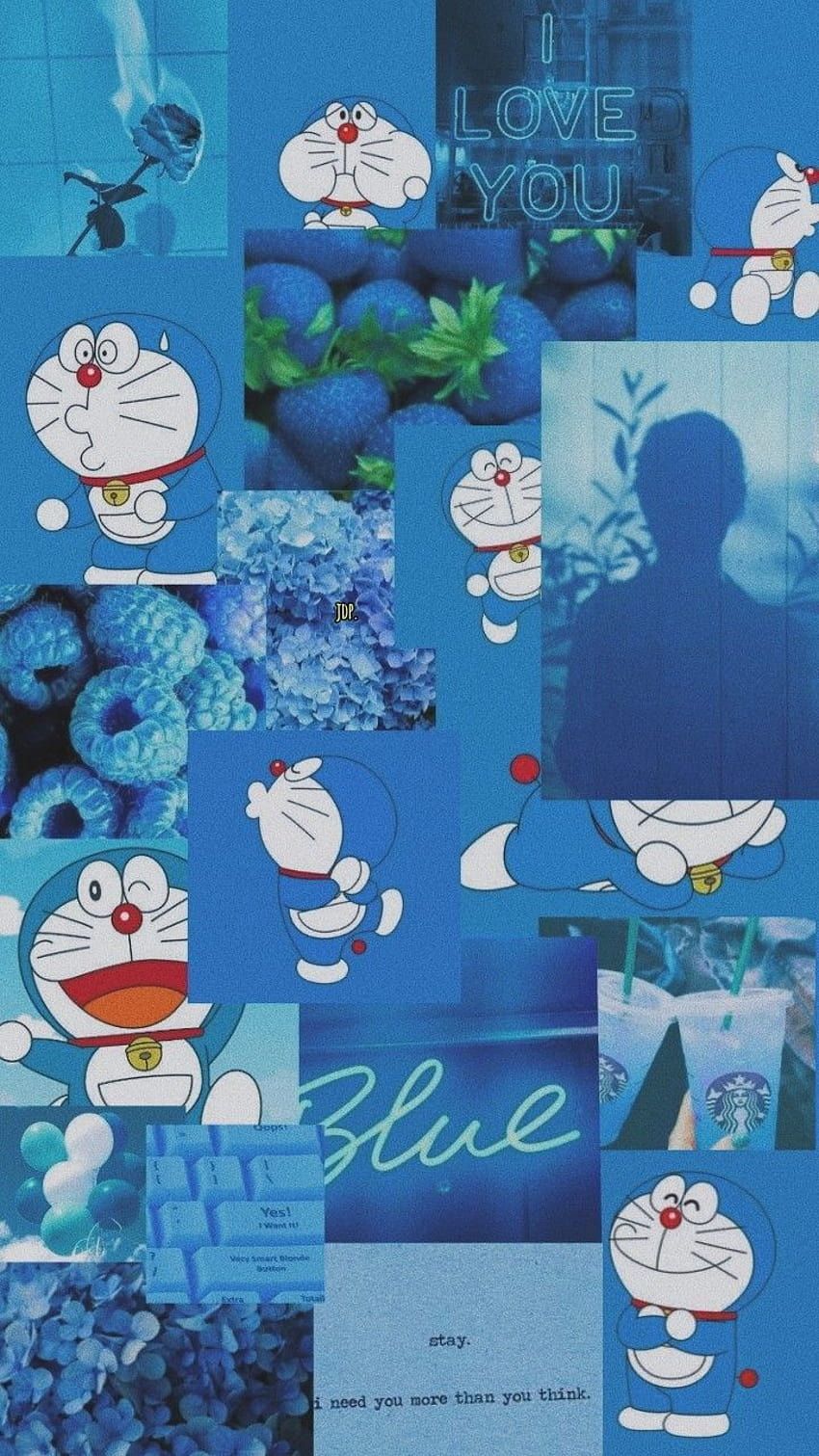 A collage of various cartoon characters on blue background - Blue, Doraemon