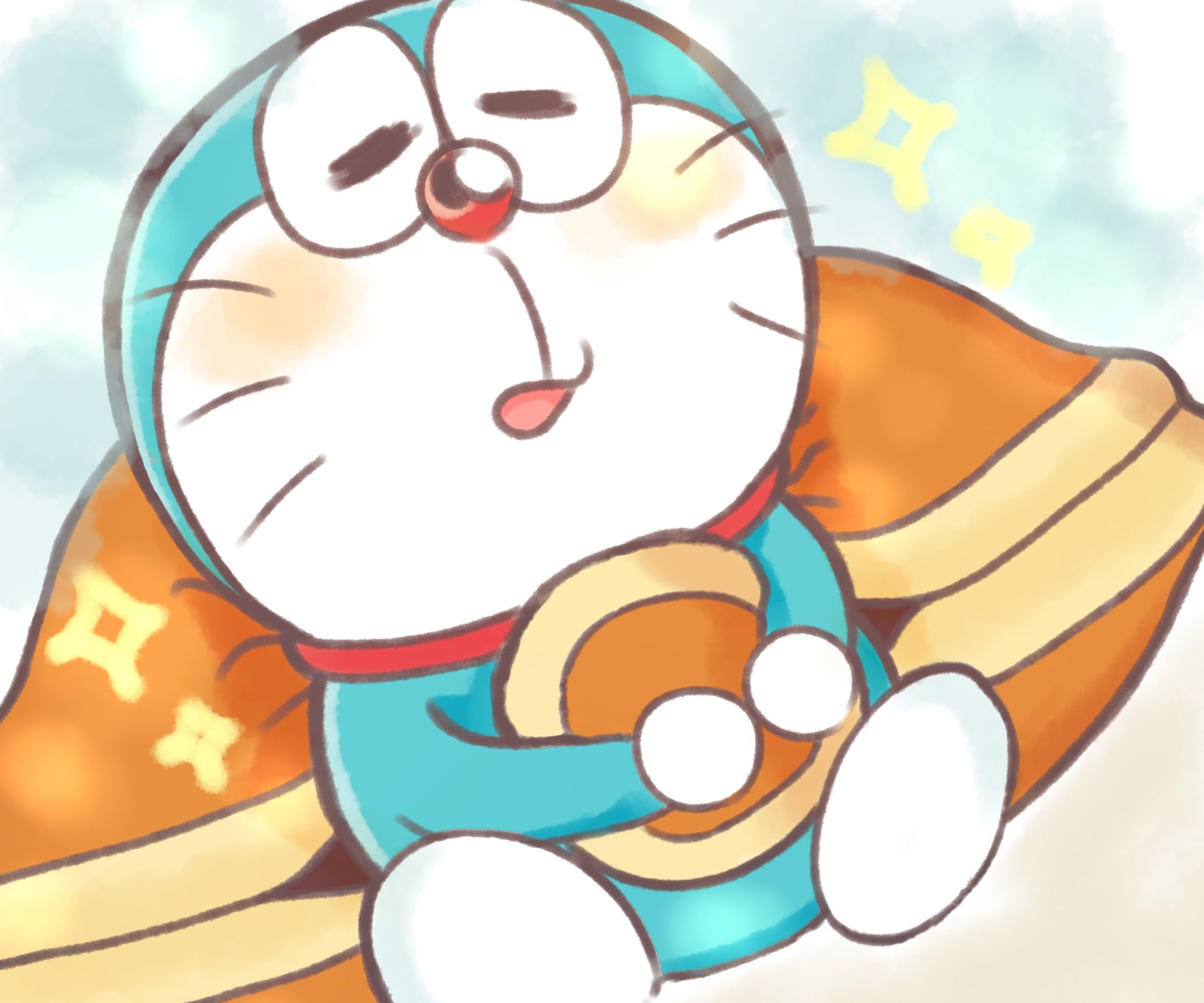 A drawing of Doraemon, a cartoon cat with a round body and a round face. He is wearing a red scarf and a blue jacket. He is holding a bag and has a jetpack on his back. - Doraemon