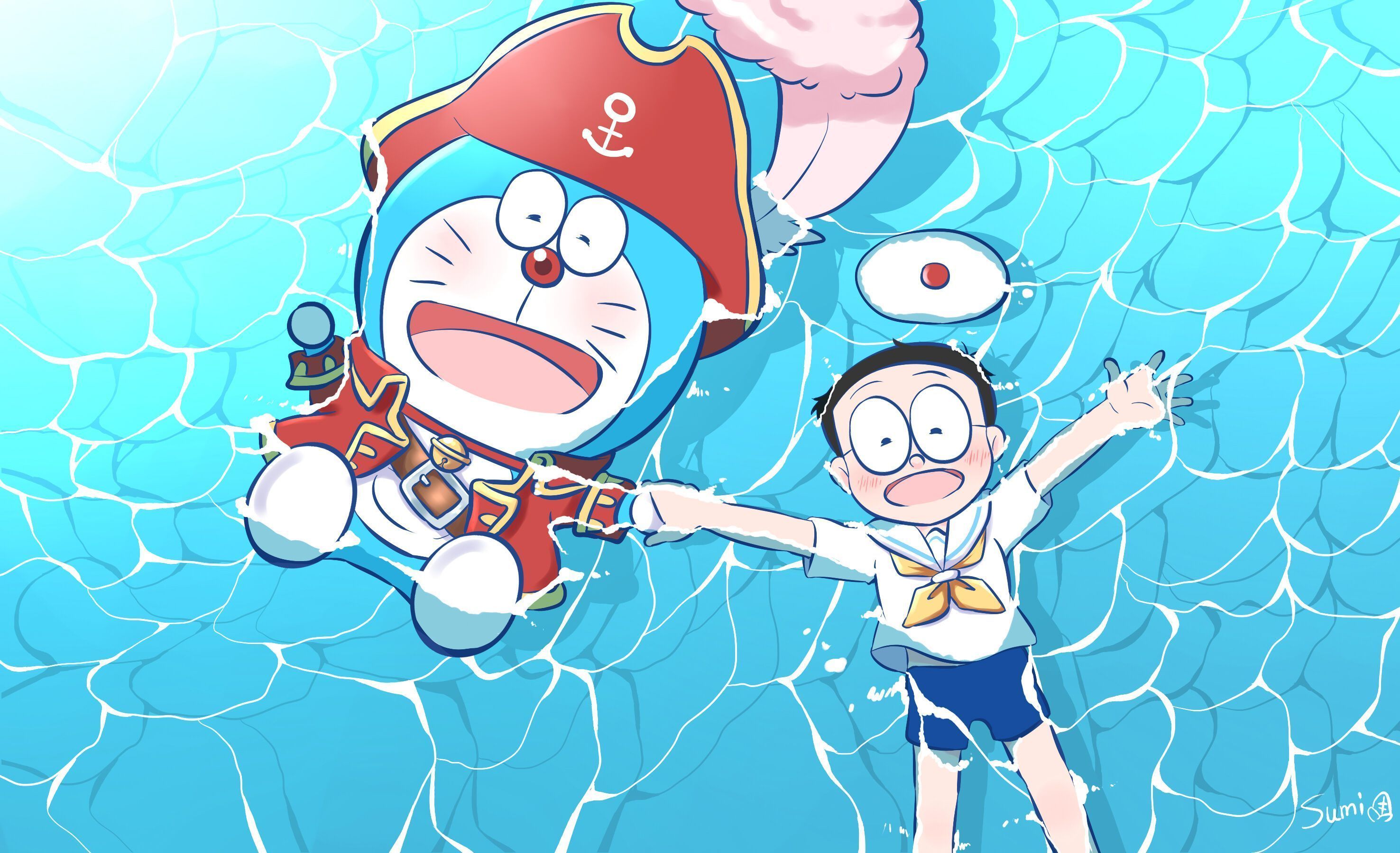 A cartoon character is floating in the water - Doraemon