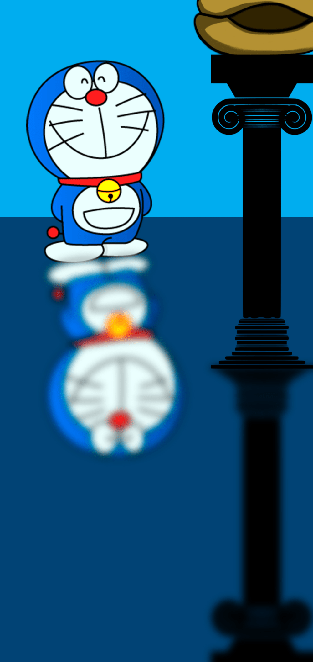 A cartoon character is standing next to an object - Doraemon