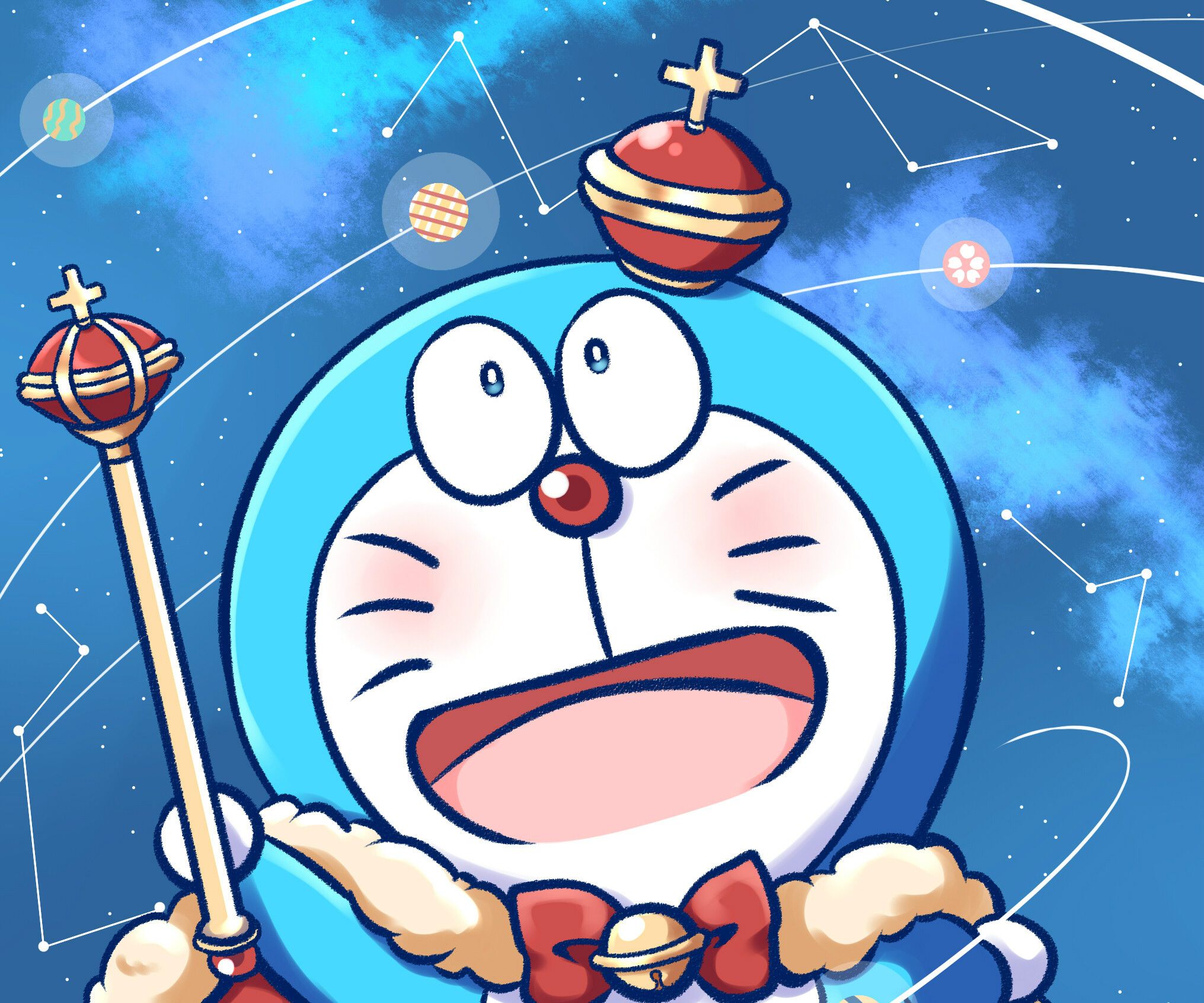 A cartoon character holding an object in his hand - Doraemon