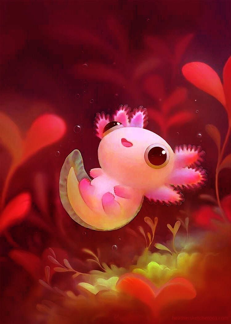 A cute little pink creature is sitting in the middle of red flowers - Axolotl