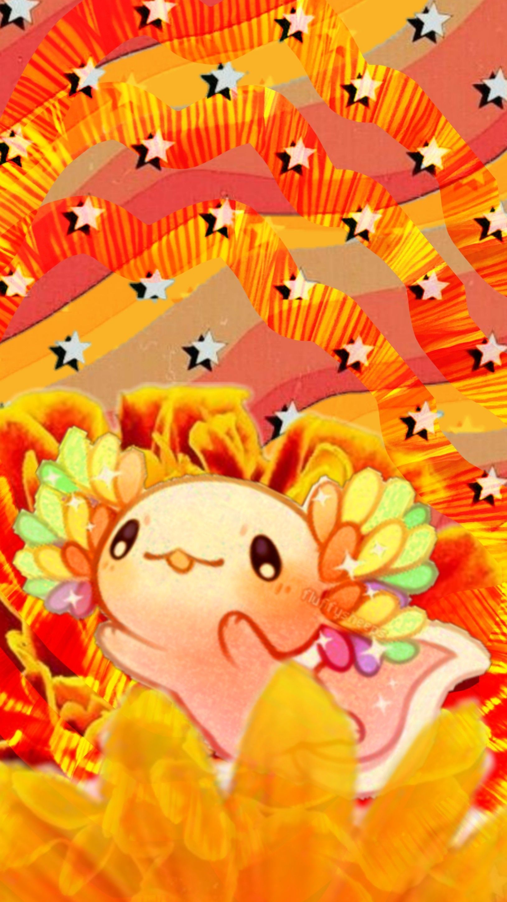 A cute axolotl wallpaper with a background of orange and red waves with white stars. - Axolotl