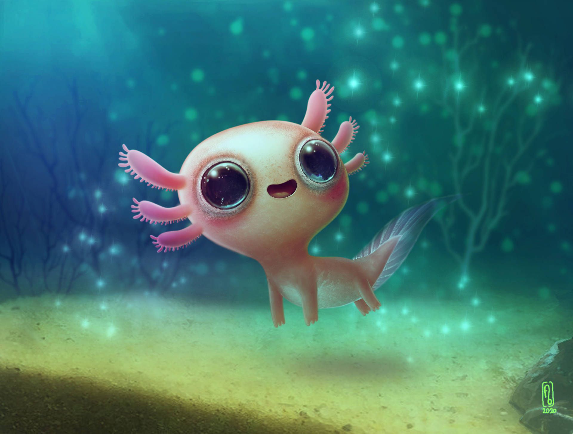 A cartoon creature with big eyes is swimming in the water - Axolotl