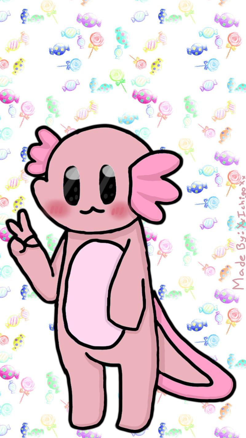 A pink axolotl with a peace sign - Axolotl