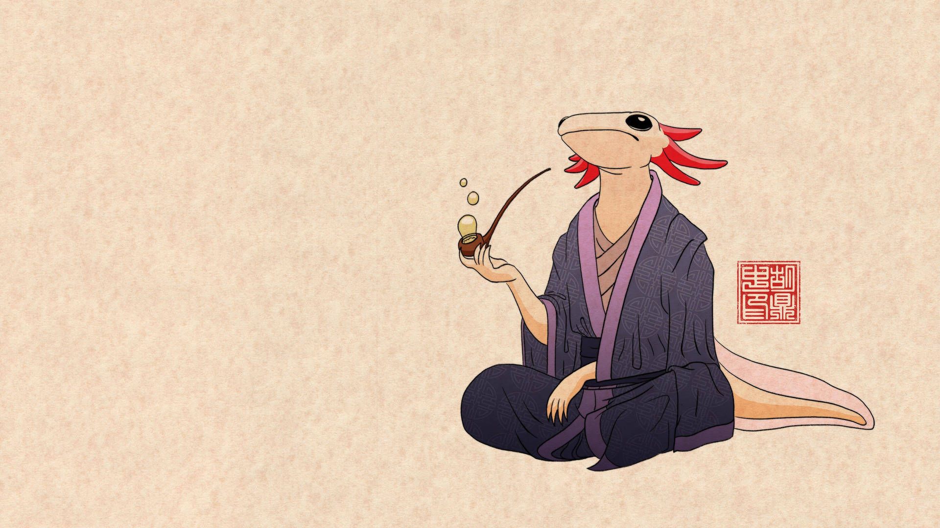 A cartoon of an animal in traditional japanese clothing - Axolotl