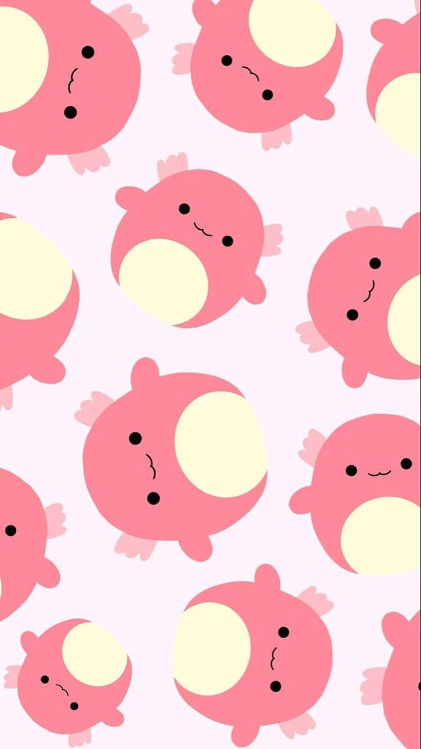 A cute pattern of pink round characters with white cheeks and black eyes and mouth. - Axolotl